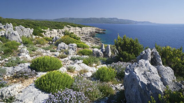 nationalization. Low thorny shrubs and herbs on sun-drenched limestone terrain along a coastline. gardening catalogs, home-decor guides, designed for gardening and botanical catalogs.