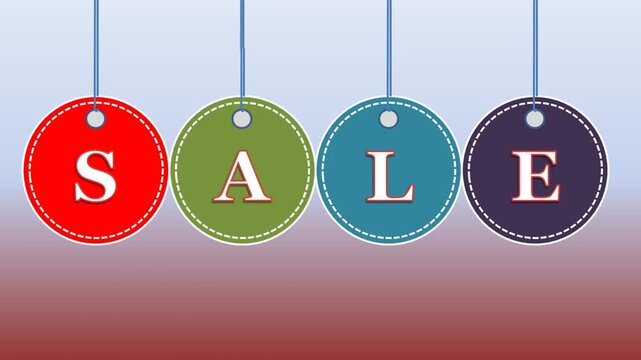 Four colorful circular tags hanging from strings spin and blink to display the word "SALE" against a reddish-blue background.