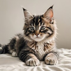寝そべるメインクーンの子猫のかわいい表情