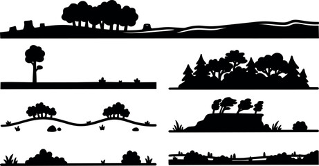 Fototapeta premium Flat silhouette landscape border set with varied tree groups hills bushes isolated horizontal vector art ornamental silhouettes simple black elements