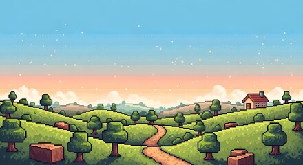 Fototapeta premium Pixelated serene countryside landscape with house and trees