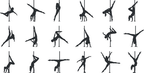 Pole dance silhouette vector set, athletic female poses collection, acrobatic fitness choreography icons for sport, dance studio, and performance illustration