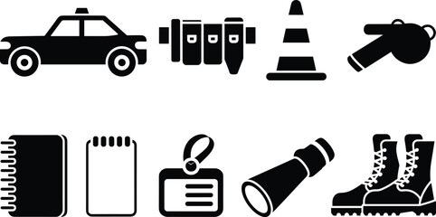 Police and security equipment icon set vector illustration including car, whistle, traffic cone, flashlight, notebook, ID badge, boots, handcuffs, and patrol accessories © Sarsoti