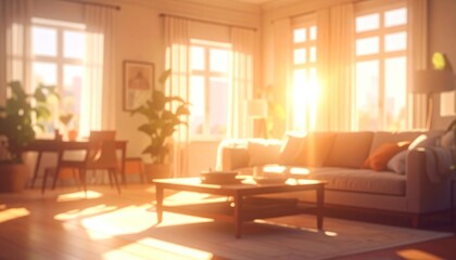 Fototapeta premium Bright sunlit living room with open windows, modern furniture, and a warm atmosphere