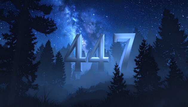 Digital art featuring a forest at night with a starry sky and the numbers "447" in silver