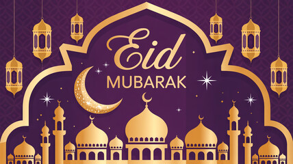 A festive Eid Mubarak greeting card design with a deep purple background featuring an ornate golden arch frame.