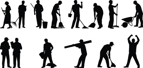 Construction and cleaning worker silhouettes collection, professional labor team with broom shovel wheelbarrow bucket vector illustration isolated on white background concept © Vector's World