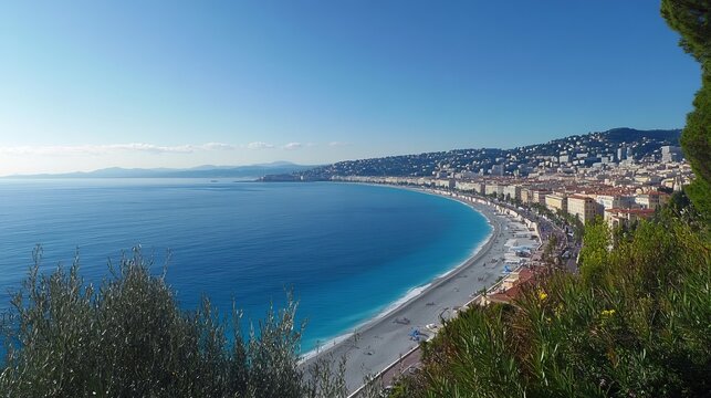 Panoramic view of the baie des anges from nice castle hill, france