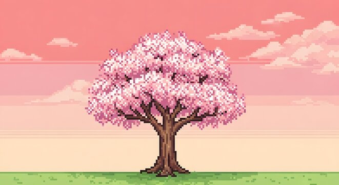 Cherry blossom tree in full bloom pixel art style