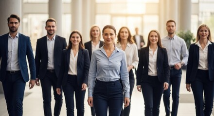 Fototapeta premium A diverse group of business professionals walking in a modern office lobby.