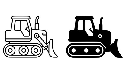 Illustration of a bulldozer, with outline and silhouette design © Nurhalimah