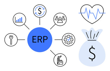 Business management, resource planning, financial management, data analytics, operational efficiency, team collaboration. Central ERP hub with icons for health, finance and process. Business