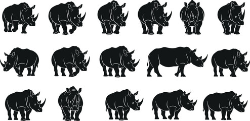 Rhinoceros vector illustration set, black and white wildlife silhouettes, African safari rhino poses collection, powerful wild mammal icons, minimal flat design © Sarsoti