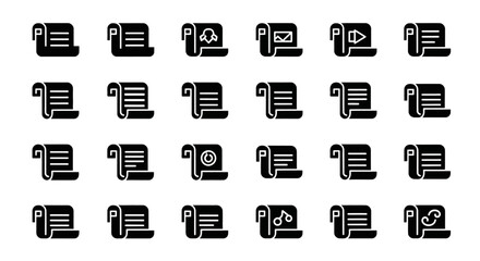 Collection of various black and white icon illustrations representing different office supplies and stationery items on a grid layout