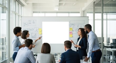 A diverse group of business professionals gathered around a whiteboard in a modern office setting.