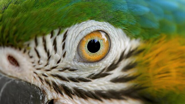 Close-up of a colorful parrot's eye with vibrant green feathers and a sharp gaze