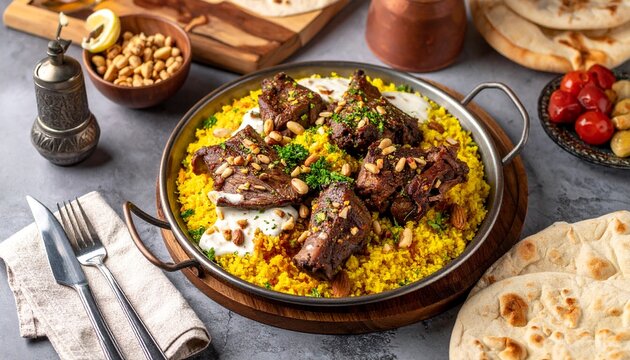 Traditional Jordanian Mansaf with Lamb and Jameed Sauce on Large Platter