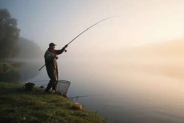 A fisherman casts his line into a misty lake at dawn, standing on a grassy bank with fishing gear nearby.