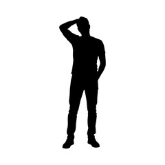Obraz premium Man putting hand to head in a joking pose vector illustration silhouette