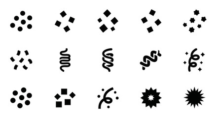 Collection of abstract black shapes and patterns displayed on a clean background from a straightforward viewpoint