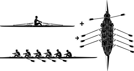 Rowing Team Crew Black Silhouette Vector Set, Competitive Sport Athletes in Racing Shell Boat, Single and Eight-Person Scull Graphic, Water Sport Training and Fitness Action Icons. © Shuda