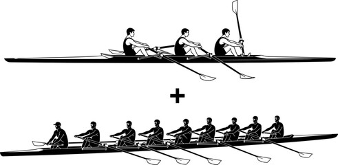 Rowing Team Silhouettes in Narrow Sculling Boats, Including Coxed Four and Eight-Man Crew with Oars, Representing Water Sports, Competition, Strength, and Teamwork © Shuda