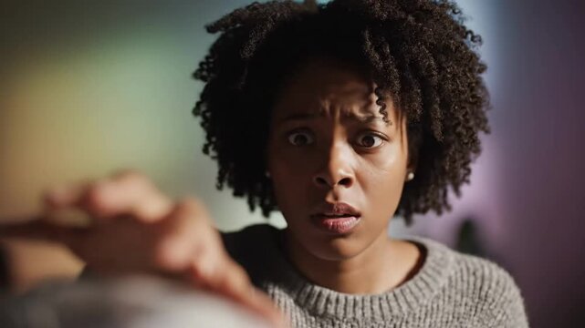 Young woman with a shocked expression looking at someone's hand.
