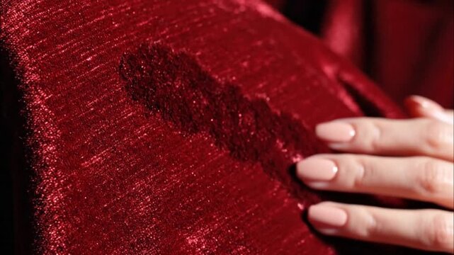 Close-up of a woman's hand touching a luxurious red velvet fabric with a soft focus effect