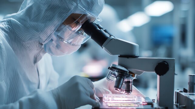 Worker inspecting rare earth ceramic capacitors under microscope