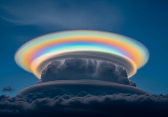 Fototapeta premium Iridescent Pileus Cloud with Rainbow Colors Over Dark Thunderstorm