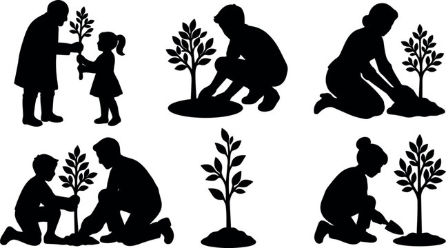 Minimalist silhouette vector art multiple people planting saplings from child to elder gardening together community tree planting scene gentle daylight