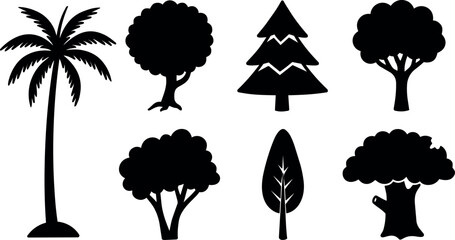 Naklejka premium Flat design tree silhouette icons set eight varied tree shapes including palm oak fir rounded canopy close up black vector