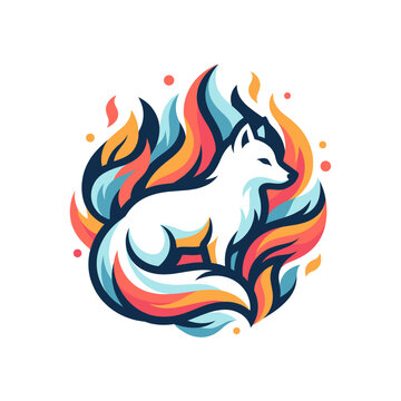 Arctic Fox Emblem Encircled by Colorful Flame Swirls and Ember Dots