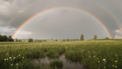 A vibrant double rainbow arcs over a lush green field with flowers and a small stream