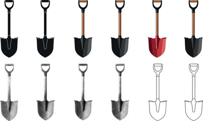 Shovel Icon Set with Flat, Outline, and Color Variations Featuring Garden and Construction Spade Tools for Landscaping and Digging Design