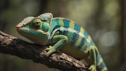 A vibrant chameleon, with colorful patterned skin, perches on a branch, well-camouflaged in nature