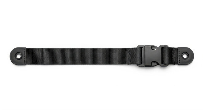 Black strap for furniture attachment, isolated on white background, showcasing durable buckle design and sleek minimalist style