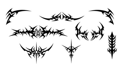 Obraz premium Collection of black cyber sigilism tattoo shapes featuring sharp spines, thorny horizontal bands, and vertical totems for Y2K gothic grunge logos