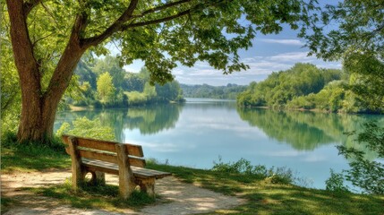 Tranquil Lakeside Scene with Bench Surrounded by Lush Green Trees and Reflective Water under a Bright Blue Sky in a Serene Natural Environment