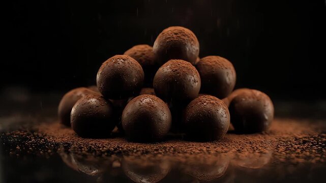 Chocolate ball snacks candies with chocolate powder in dark background studio lightning concept advertisement