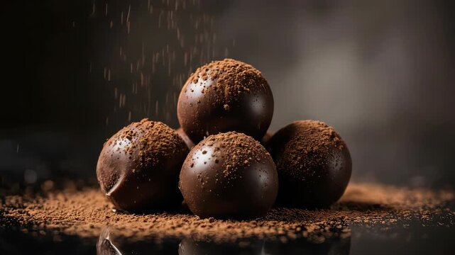 Chocolate ball snacks candies with chocolate powder in dark background studio lightning concept advertisement
