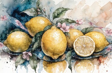 watercolor lemons with pink floral pattern. High quality photo