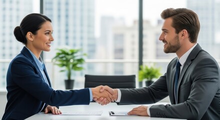 Fototapeta premium Two business professionals shaking hands in an office setting.