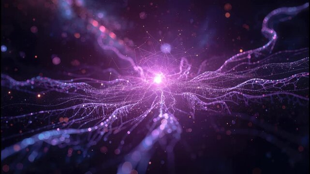 Glowing neural network strand convergence on radiant purple core with flowing digital energy trails
