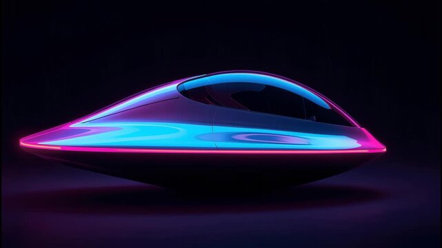 Neon pink and blue flying saucer spacecraft. futuristic vehicle with glossy surface, neon pink neon