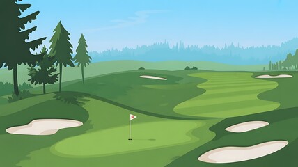 Obraz premium A dramatic industrial photograph of a peaceful golf course landscape with trees and sand bunkers under a clear blue sky