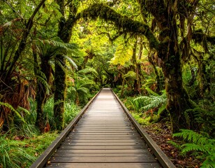 Fototapeta premium A wooden pathway leads into a lush green forest canopy, sunlight filtering through foliage creating a vibrant scene