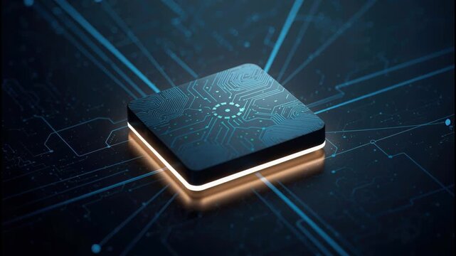 Glowing square microchip circuit board with blue pathways and futuristic integrated circuit