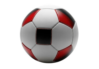 Fototapeta premium A detailed close-up view of a soccer ball with red and white panels isolated on transparent background