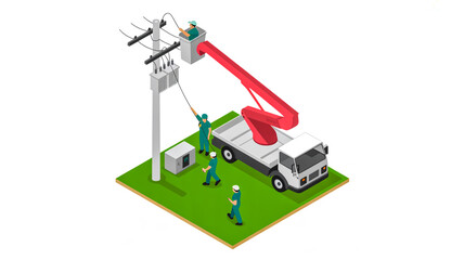 Professional industrial workers operating a crane truck near power lines and electric poles on a green grassy area